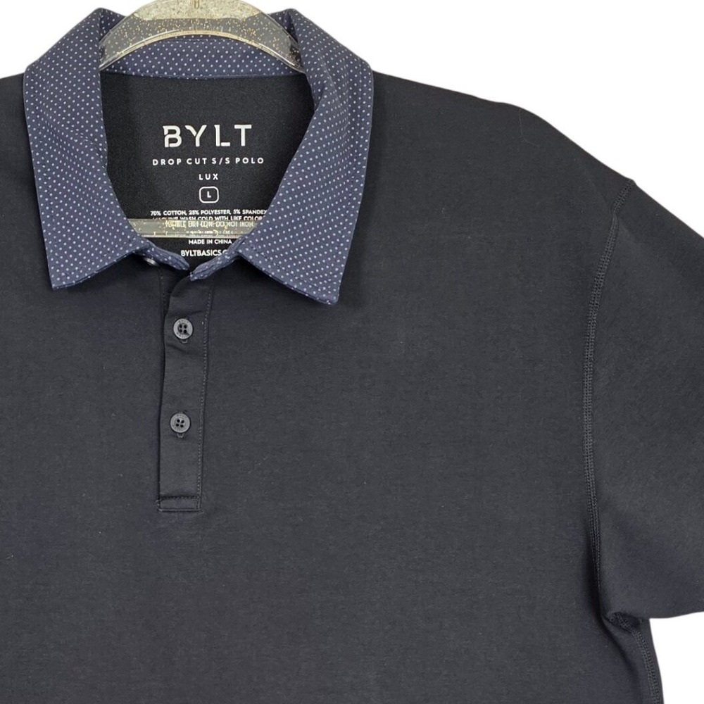 BYLT Basics Lux Drop Cut Polo L Mens Black Short Sleeve Shirt Contrasting Collar